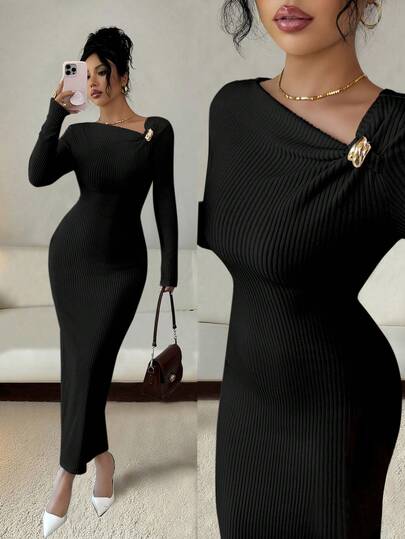 Elenzga Women's Ribbed Ruched Metal Decor Casual Midi Knit Dress, Suitable For Autumn/Winter Travel