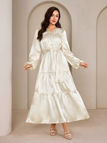 Modelyn Elegant V-Neck Apricot Long Dress, High-Quality Slimming Design Modest Long Dress Silky Dress Satin Long Dress French Style Dress Modest Dress - Apricot - View 4