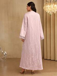 SHEIN Najma Đầm dài tay xòe cổ chữ V thanh lịch với họa tiết ruy băng jacquard và ren phối hợp dành cho nữ. - Hồng - Xem 6