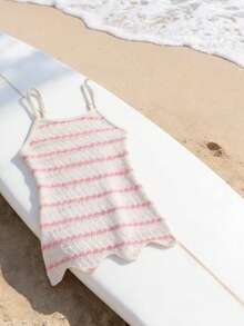 SHEIN 1件女童粉色米色拼接弹力速干舒适针织面料罩衫，适合沙滩、泳池、海边、冲浪、度假、夏季、旅行、假日等场合。 - 白色 - 查看 9