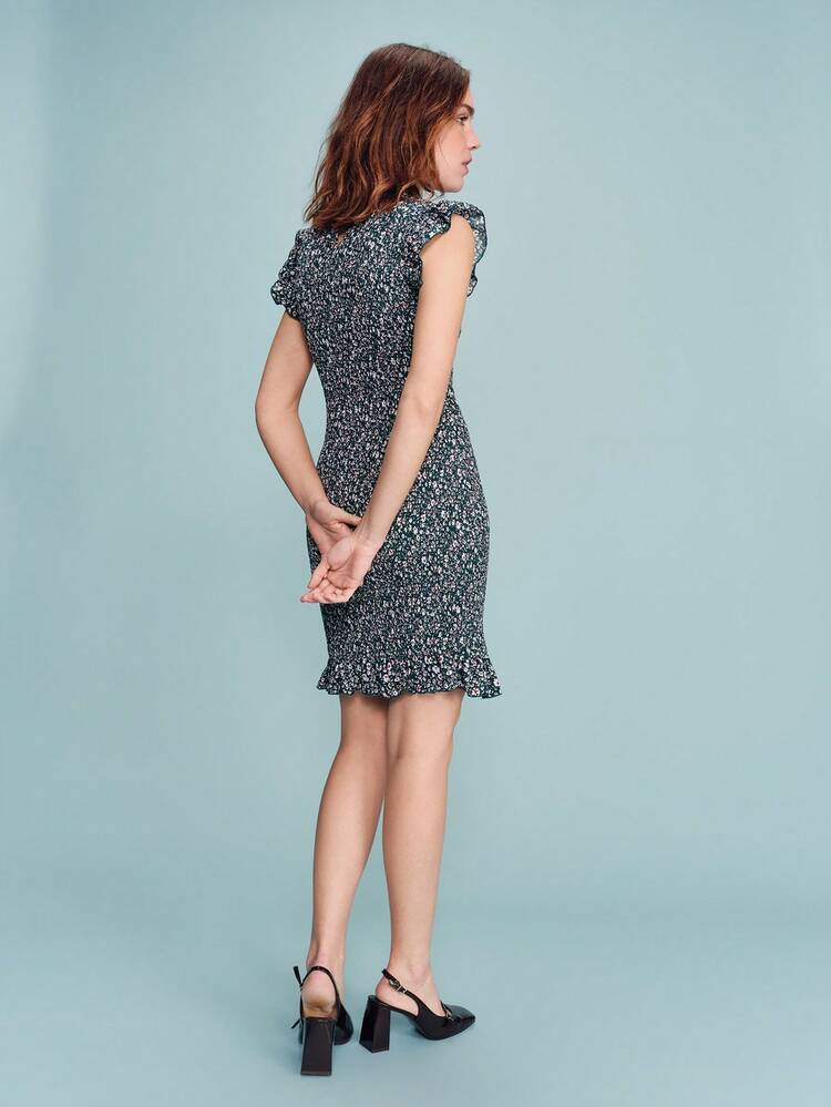 Green Ditsy Floral Mini Dress With Ruffled Shoulders Romantic Spring Summer Style French Style Parisian Style Fitted Dress Vacation Outfit