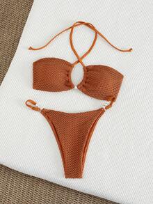 Swim Vcay Ladies Beach Music Festival Mesh Beaded Cross Knot Elegant Halter Neck Bikini Set - Coffee Brown - View 5