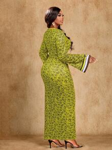 Brilight Đầm dài tay cổ chữ V dáng ôm, in họa tiết nhiệt đới thanh lịch dành cho nữ, thích hợp cho các buổi họp mặt và tiệc tùng, họa tiết Nam Phi, trang phục truyền thống Nam Phi, đầm mùa thu, đầm nữ, đầm dự tiệc thanh lịch. - Màu vàng - Xem 2