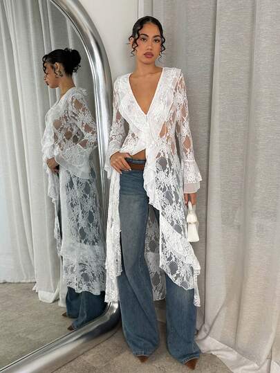 Glamine Vintage Ruffle Trim Fitted Lace Sculpted Sexy Fashionable Blouse, Spring/Autumn 2026 Grunge Punk Vintage Palace Sensual Slouchy Texture Ruffle Trim Fitted Feather Mesh Lace Blouse With Bell Sleeves Lace Cover Up Sheer Cover Up Lace Kimono Sheer Cardigan Women Kimono Cover Up