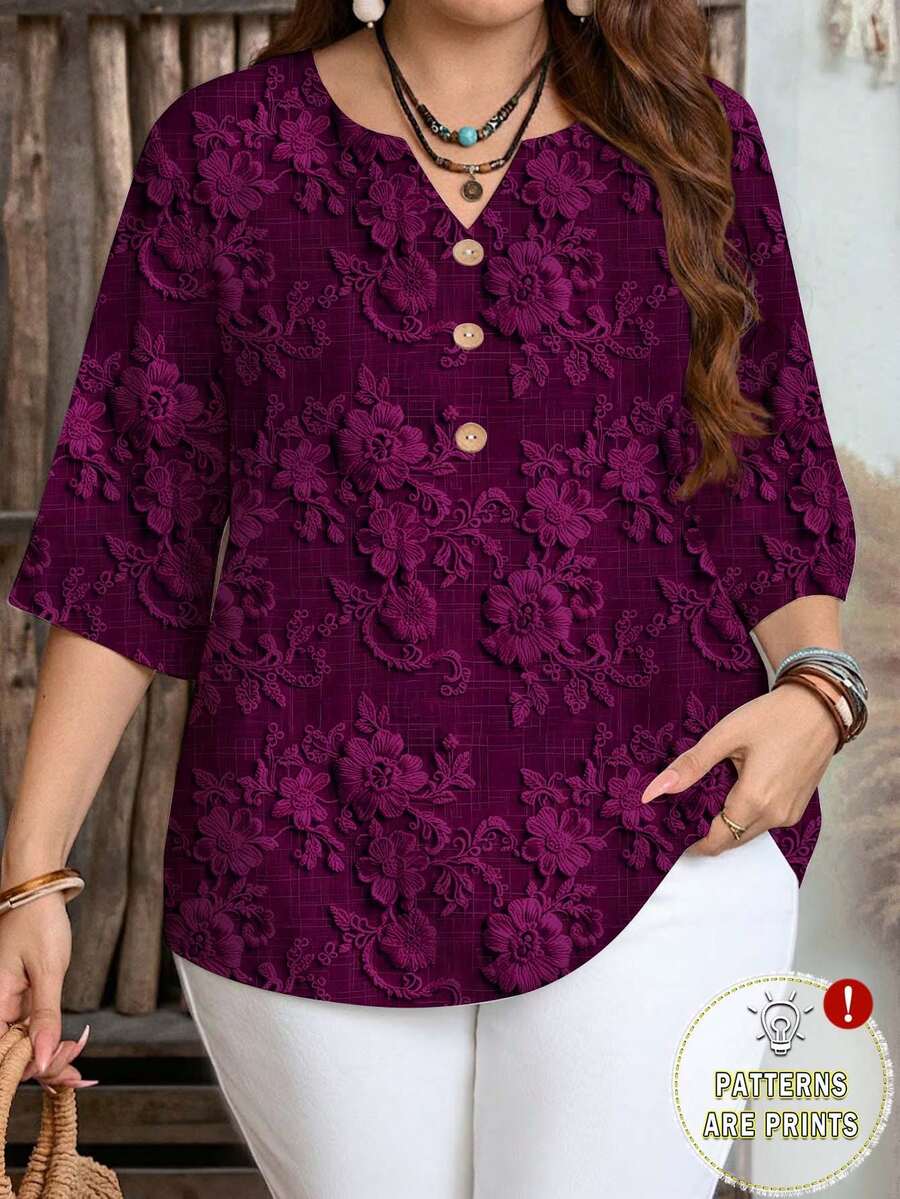 EMERY ROSE Plus Size Casual Floral Print Shirt, Suitable For Summer Spring - Purple - View 1