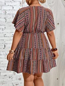 Breezaya Plus Size Short Bohemian Pattern V-Neck Layered Ruffle Hem Mini Dress Bohemian Dress Women Casual Dress Summer Minidress Boho Summer Dress Short Sleeve Dress - Multicolor - View 2