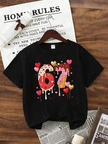 SHEIN GraphicGems 春夏少女休闲时尚创意个性清新别致简约数字67冰淇淋华夫饼彩色糖屑爱心印花舒适基础款短款T恤，适合春夏、情人节氛围、派对上衣、少女生日礼物等场合。 - 黑色 - 查看 6