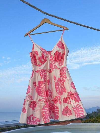 Sweetra Plus Size Women Floral Print Casual Dress, Suitable For Dates, Vacations And Outings