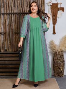 SHEIN Najma 大码女式印花绿色时尚圆领褶皱设计长袖收腰长款连衣裙，春季 - 彩色 - 查看 3
