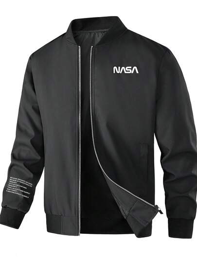 Manfinity Homme Chaqueta casual de negocios para hombre, nueva para primavera/otoño, chaqueta exterior versátil y retro para hombres de mediana edad, chaqueta con cremallera y cuello alto estampada al estilo americano, ropa de hombre de unicolor de moda regular, chaqueta universitaria con estilo, adecuada para actividades al aire regalos para novio