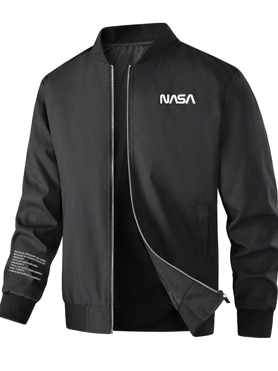 Manfinity Homme Men's Spring/Autumn New Business Casual Jacket, Middle-Aged Versatile Retro Outerwear, Print American Stand Collar Zip-Up Jacket, Regular Fashionable Solid Color Menswear, Stylish Varsity Jacket, Suitable For Outdoor Activities And Boyfriend Gifts Black Jacket Zip Up Jacket Graphic Jacket Daily Leisure, Weekend Trips, Travel Expeditions, Relaxed Work Environments , Boyfriend/Husband Gift, Anniversary /Birthday Gift Party Summer Vacation Holiday - Black - View 1