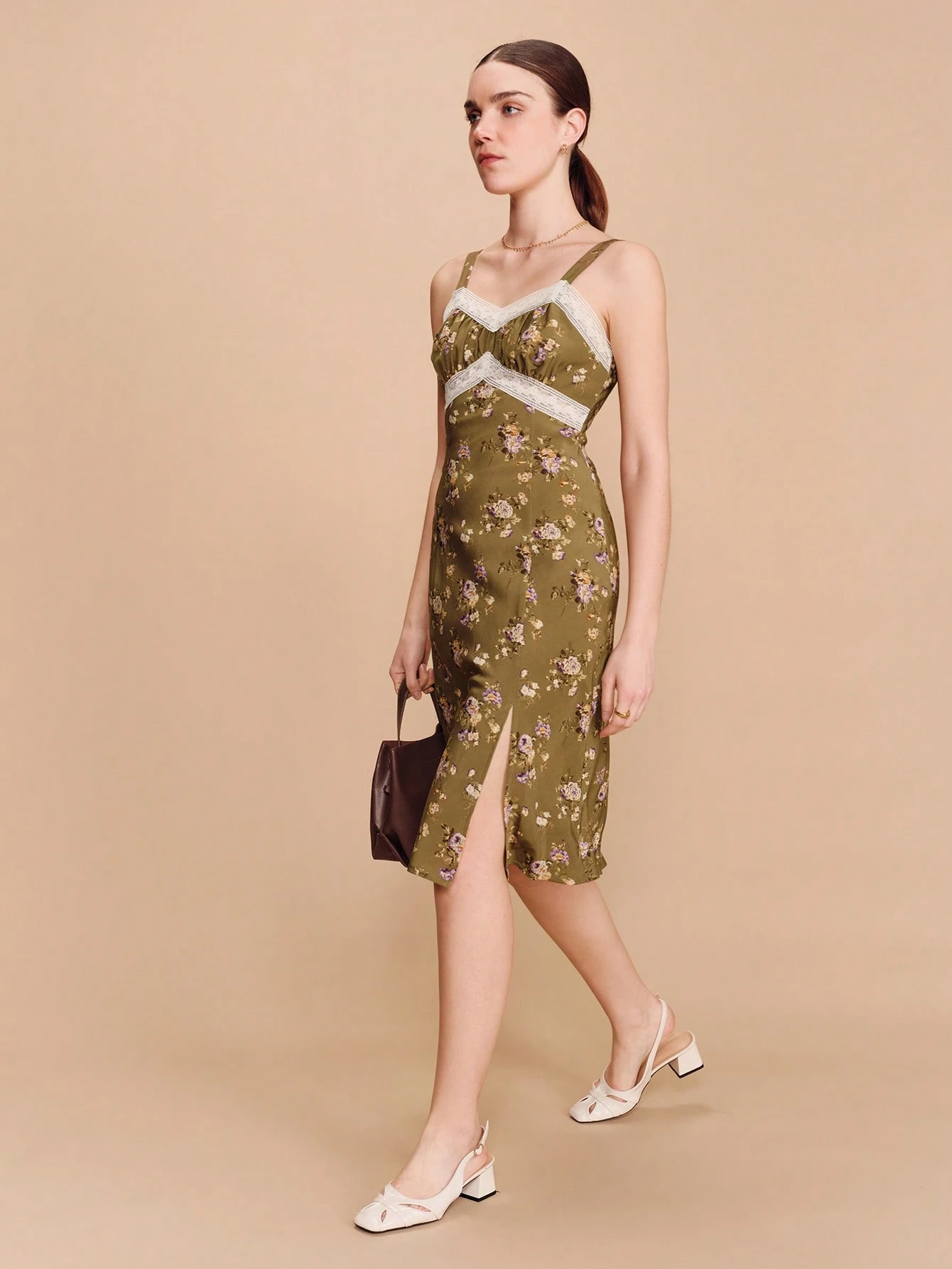 Olive Green Floral Print Fitted Midi Dress With Lace Trim Bust Detail Delicate Lace Straps Romantic Vintage Spring Summer Dress French Style Parisian Style Going Out Wildflower Dress Floral Dress Lace Trim Dress Cami Dress