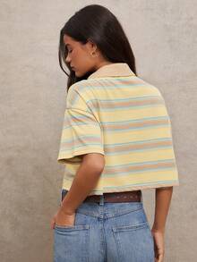 WESTFADE 条纹罗纹针织半袖宽松版型橄榄球Polo短款上衣 - 彩色 - 查看 2