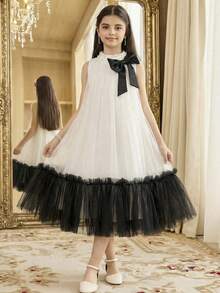 Serisse Kids Vestido de línea A sin mangas con cuello alto, decoración de perlas y contraste blanco y negro elegante para niña preadolescente - Blanco y Negro - Ver 6