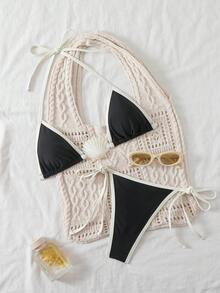 Bonvoyette 2 piezas Conjunto de bikini de unicolor con decoración de concha y nudo delantero, sexy y de moda para mujer, de verano - Blanco y Negro - Ver 3