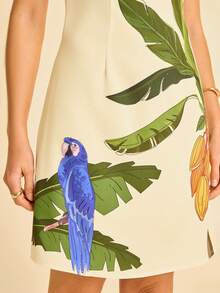 CAJUNI 女式杏色椰子树、鹦鹉和热带水果印花圆领无袖修身褶饰印花夏季度假海滩迷你连衣裙 - 黃色 - 查看 7