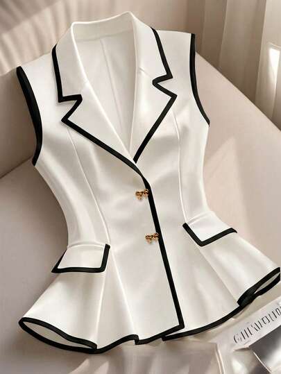 SHEIN Franclia Blazer feminino elegante sem mangas na cor branca com detalhe de laço e cintura contrastante, ideal para passeios e encontros na primavera/verão.