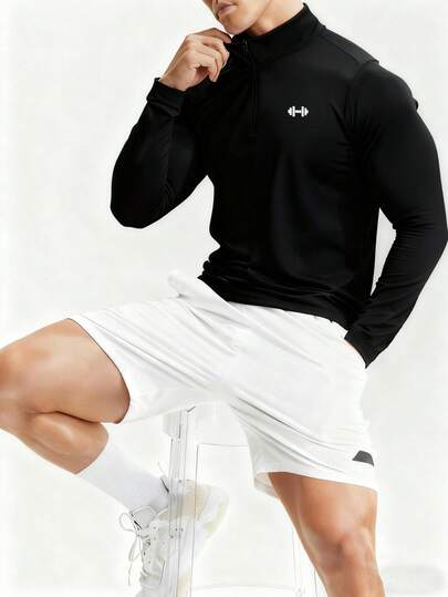 Manfinity Sport Polished Men's Dumbbell Print Stand Collar Long Sleeve Sports Jacket Mens Athletic Apparel White Athletic Shorts Sports Wear Men Gym Long Sleeve Tops