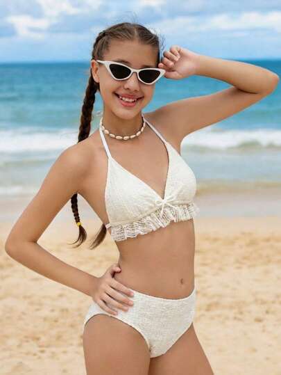 2 Pieces Teen Girl Bikini Sets, New 2026 Collection, Apricot & White Fashionable Elegant Ladylike Lively Cute Energetic Swimwear, Suitable For Swimming, Vacation, Beach, Pool, Photo Shooting, Gift High Waisted Bikini High Waist Swimsuit Set Vacation Two Piece Set Bow Bathing Suits Seashell Bathing Suit Summer Vacation Thermal Christmas Holiday Festival New Years Valentines Swim رمضان عباياتabaya جلابياتjalabiya جلابيه Swimsuit Two Piece Modest Bikini Set Two Piece Swimsuit Bathing Suit Set V N  Teen Girl Swimsuit 2 Piece Girls Two Piece Bathing Tween V Neck Bikini Bikini For 12 Years Old Girls