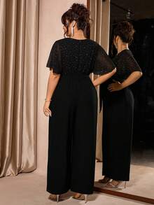 Cravure 女士加大码短袖泡泡袖V领蕾丝装饰闪亮网纱混纺雪纺腰带系带背带裤，适合情人节、派对、母亲节、圣诞节、春秋季穿着。 - 黑色 - 查看 2