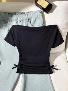 SHEIN 青少年女孩休閒街頭風露肩短袖側抽褶字母英文New York標語印花修身針織T恤 - 藏蓝色 - 查看 2