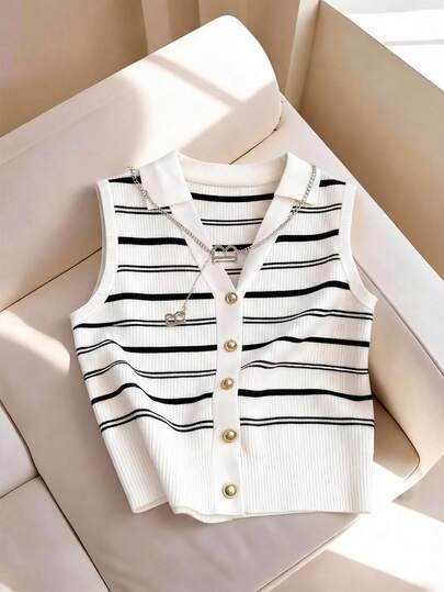 Franclia New Striped Knit Vest, Commuting Layering Style, Fine Ribbed Knit Fabric, Soft And Skin-Friendly, Lightweight And Comfortable, Moderate Elasticity Fitting, Polo Collar Black And White Stripe Jacquard, Metal Button Decor, Sleeveless Design Suitable For Layering With Shirts In Early Autumn, Versatile Sweater Vest For Women White Knit Top White And Black Top Summer Tops Women Knit Tops Cropped Cardigan Striped Top Sleeveless Cardigan White Cardigan Collared Top