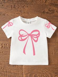SHEIN Playful Pals 女婴蝴蝶结印花圆领短袖T恤和针织短裤两件套，可爱时尚，奶油粉色，粉色蝴蝶结印花，休闲女婴套装，适合春夏、室内外穿着，也可作为校服。 - 彩色 - 查看 7