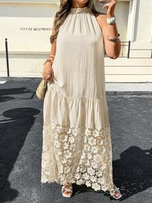 加大码无袖拼接连衣裙，杏色，花卉蕾丝饰边，适合度假和日常穿着 - 杏色 - 查看 3