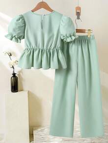 SHEIN 2pcs Tween GirlsFashion Printed Patchwork Blouse And Pants Set