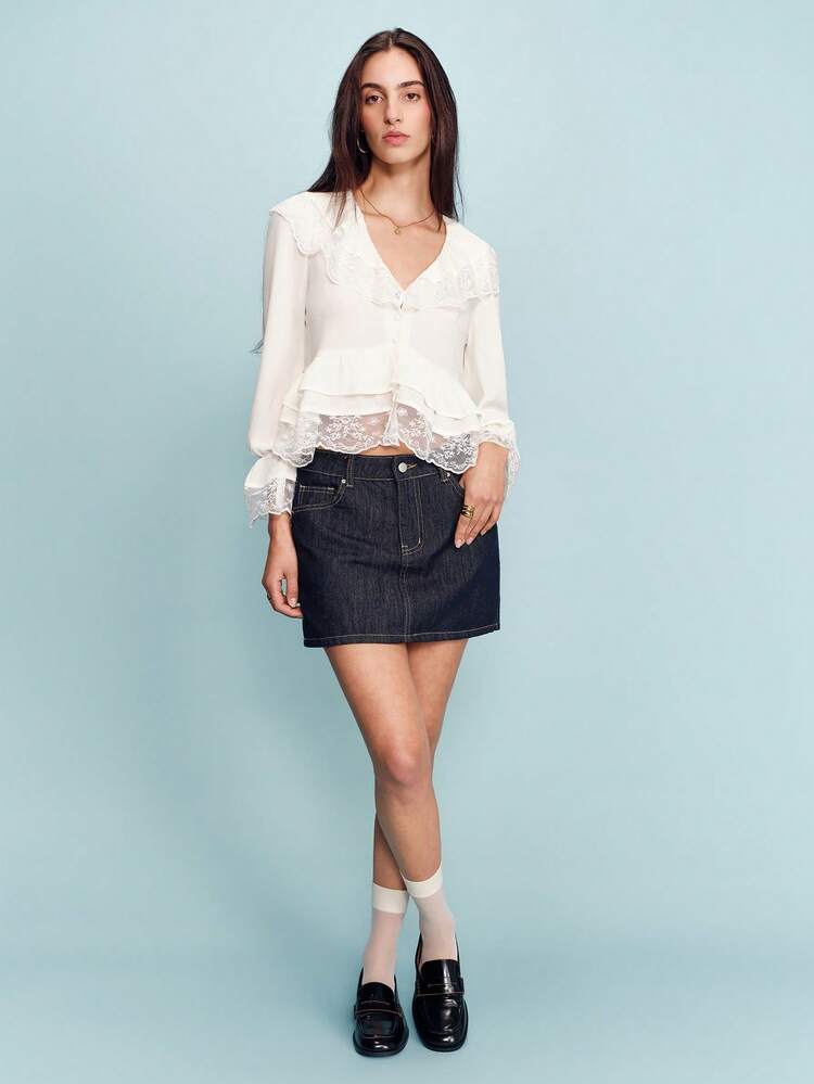 Romantic White Chiffon Blouse With Lace Ruffle V Neckline Button Front And Flared Sleeves Feminine Spring Summer French Style Parisian Style Going Out Ruffle Blouse Lace Trim Top Lace Shirts