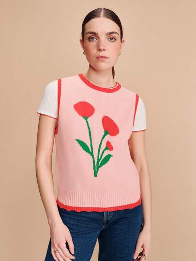 lacRébo Rosa ärmlös stickad topp med rött blommotiv och kontrastkanter Söt vintage vår- och sommarstil Fransk stil Parisisk stil