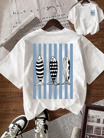 INAWLY Women's Casual Striped & Fish Print Round Neck Short Sleeve T-Shirt, Summer