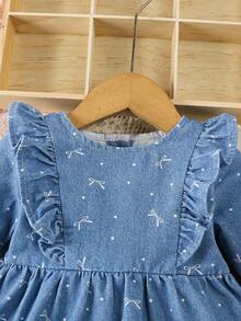 女婴牛仔连衣裙，新款上市，甜美可爱的蝴蝶印花水洗牛仔连衣裙，适合日常外出、度假、派对穿着。 - 淺色水洗藍 - 查看 8