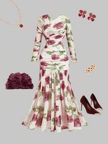 SHEIN MOD Women's Retro Elegant Printed Asymmetric Flowy Maxi Dress, Featuring Overlapping Collar, Ruffle Trim, Long Sleeves And Mermaid Hem Design, Valentine Outfits For Women,Carnival,Cocktail Dress,Party, Palace Style, Birthday Dress, Cruise Travel, Date, Party, Holiday, Afternoon Tea And Ball - Multicolor - View 1