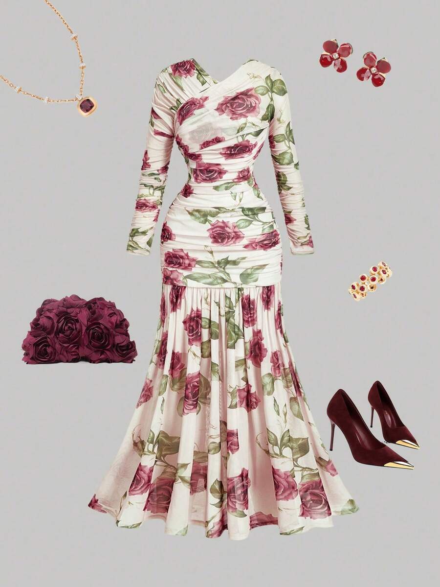 SHEIN MOD Women's Retro Elegant Printed Asymmetric Flowy Maxi Dress, Featuring Overlapping Collar, Ruffle Trim, Long Sleeves And Mermaid Hem Design, Valentine Outfits For Women,Carnival,Cocktail Dress,Party, Palace Style, Birthday Dress, Cruise Travel, Date, Party, Holiday, Afternoon Tea And Ball - Multicolor - View 1