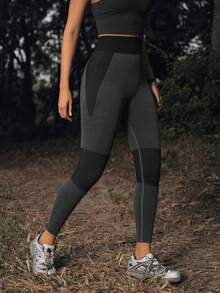 SHEIN In My Nature 女士高腰拼接撞色休闲百搭日常运动户外紧身裤 - 黑色 - 查看 4