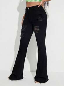 SHEIN SXY Ripped Flare Leg Jeans - Black - View 3