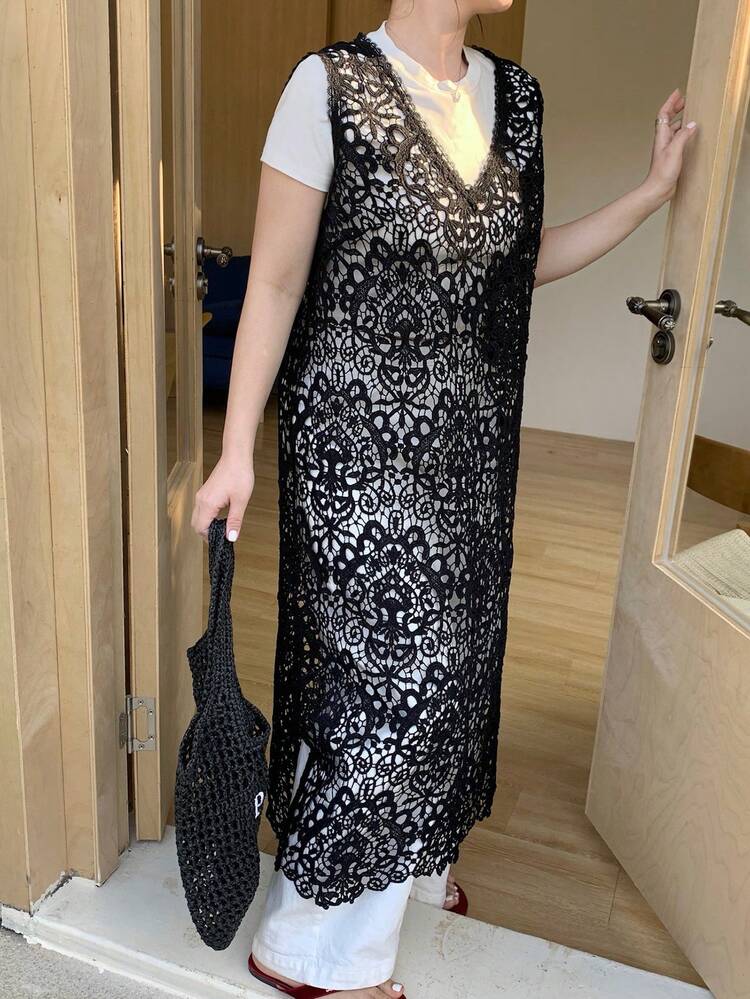 Dazy Plus Plus Size Women V-Neck Lace Patchwork Hollow Out Casual Versatile Date Night Dress Sundress Summer