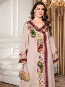 SHEIN Najma 大码女式腰果花几何仿刺绣印花V领长袖优雅阿拉伯风长连衣裙，春夏款 - 彩色 - 查看 7