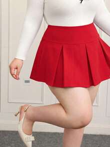 CovetEZ 大码夏季休闲红色百褶裙 - 紅色 - 查看 4