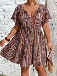 Breezaya Plus Size Short Bohemian Pattern V-Neck Layered Ruffle Hem Mini Dress Bohemian Dress Women Casual Dress Summer Minidress Boho Summer Dress Short Sleeve Dress - Multicolor - View 4