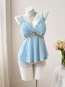 Sweetra 大码女式花卉刺绣装饰圆形吊坠休闲吊带背心，适合约会和派对穿着 - 藍色 - 查看 3