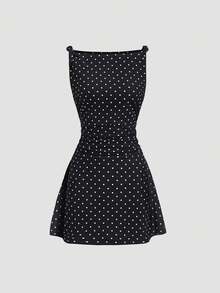 Sweetra New Elegant V-Neck Twist Ruched Waist Polka Dot Sleeveless Dress, Suitable For Spring/Summer Commute And Casual Wear - Black - View 1