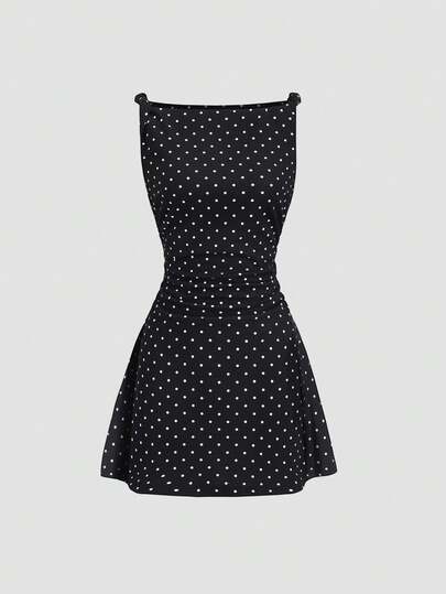 Sweetra New Elegant V-Neck Twist Ruched Waist Polka Dot Sleeveless Dress, Suitable For Spring/Summer Commute And Casual Wear