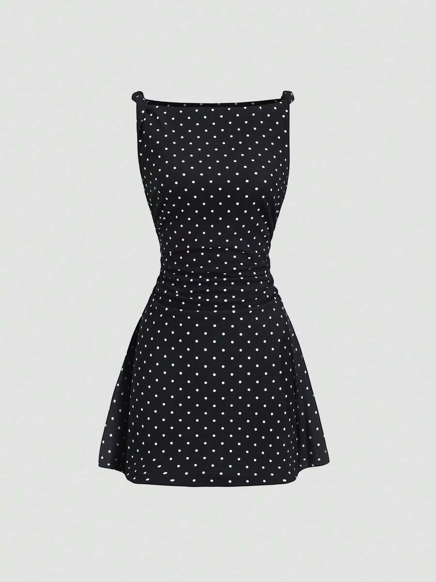 Sweetra New Elegant V-Neck Twist Ruched Waist Polka Dot Sleeveless Dress, Suitable For Spring/Summer Commute And Casual Wear - Black - View 1