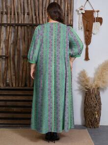 SHEIN Najma 大码女式印花绿色时尚圆领褶皱设计长袖收腰长款连衣裙，春季 - 彩色 - 查看 2
