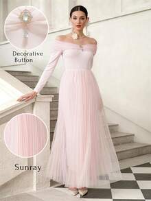 Elenzga 长袖网纱拼接珍珠水钻装饰优雅A字连衣裙，可爱收腰浪漫精致女士连衣裙，适合派对、婚礼宾客、音乐节、生日等场合 - 粉色 - 查看 3