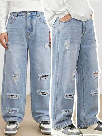 Tween Boys' Straight Leg Jeans, Vintage Streetwear Casual Cool Fashion, Recommended For School And Daily Wear. Distressed Denim Wash Blue, Personalized Ripped Details, Elastic Waistband + Zipper Fly For Easy On/Off, Straight Leg Silhouette Flatters Legs And Proportions. Suitable For Everyday Outings, Back To School, Photo Shoots, Traveling And More - Become The Coolest Guy On The Street.