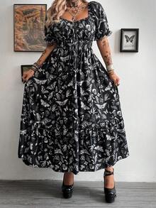 Whyspr Plus Size Women Butterfly & Skull Print Waist Cinched Puff Sleeve Party Dress - Multicolor - View 3