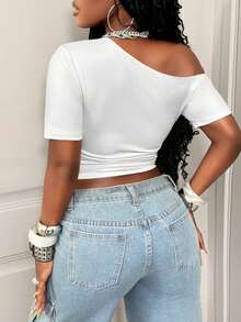 BamGleam Women's Summer Oblique Shoulder Short Sleeve Letter Print Ruched Fitted Cropped Casual Sports White T-Shirt - White - View 2